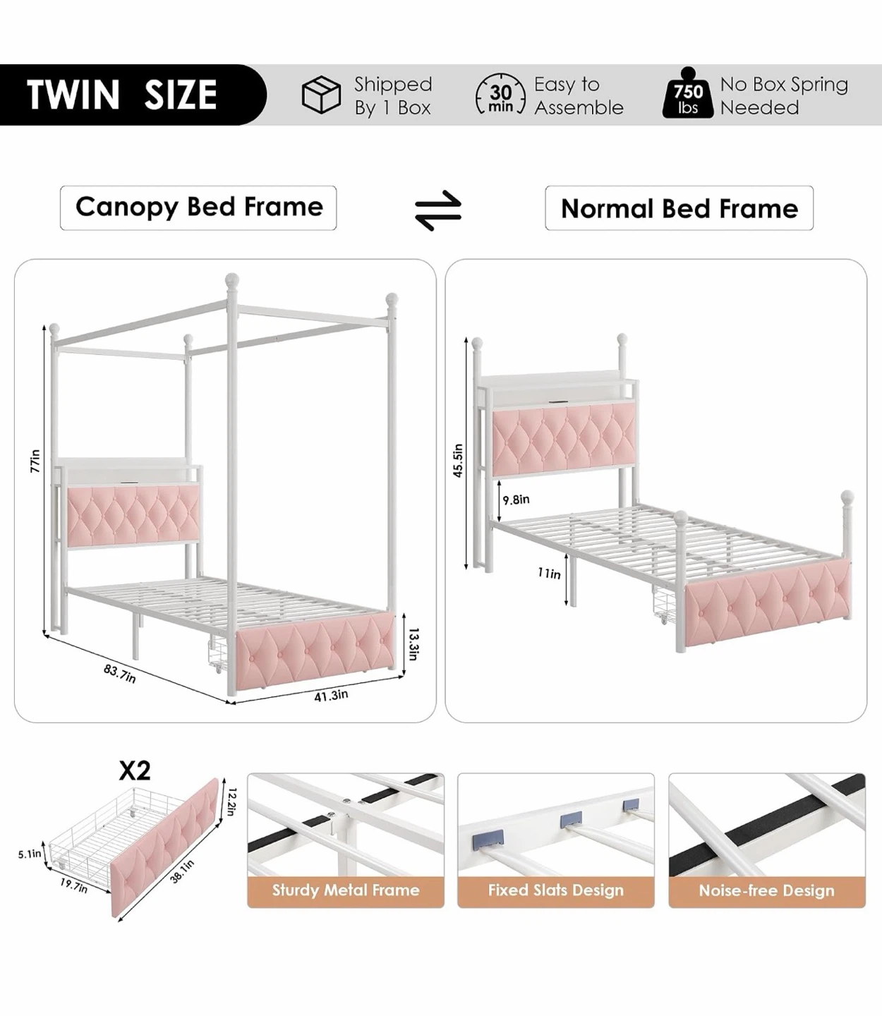 White Twin Size Canopy Bed Frame with Pink Headboard - photo 2