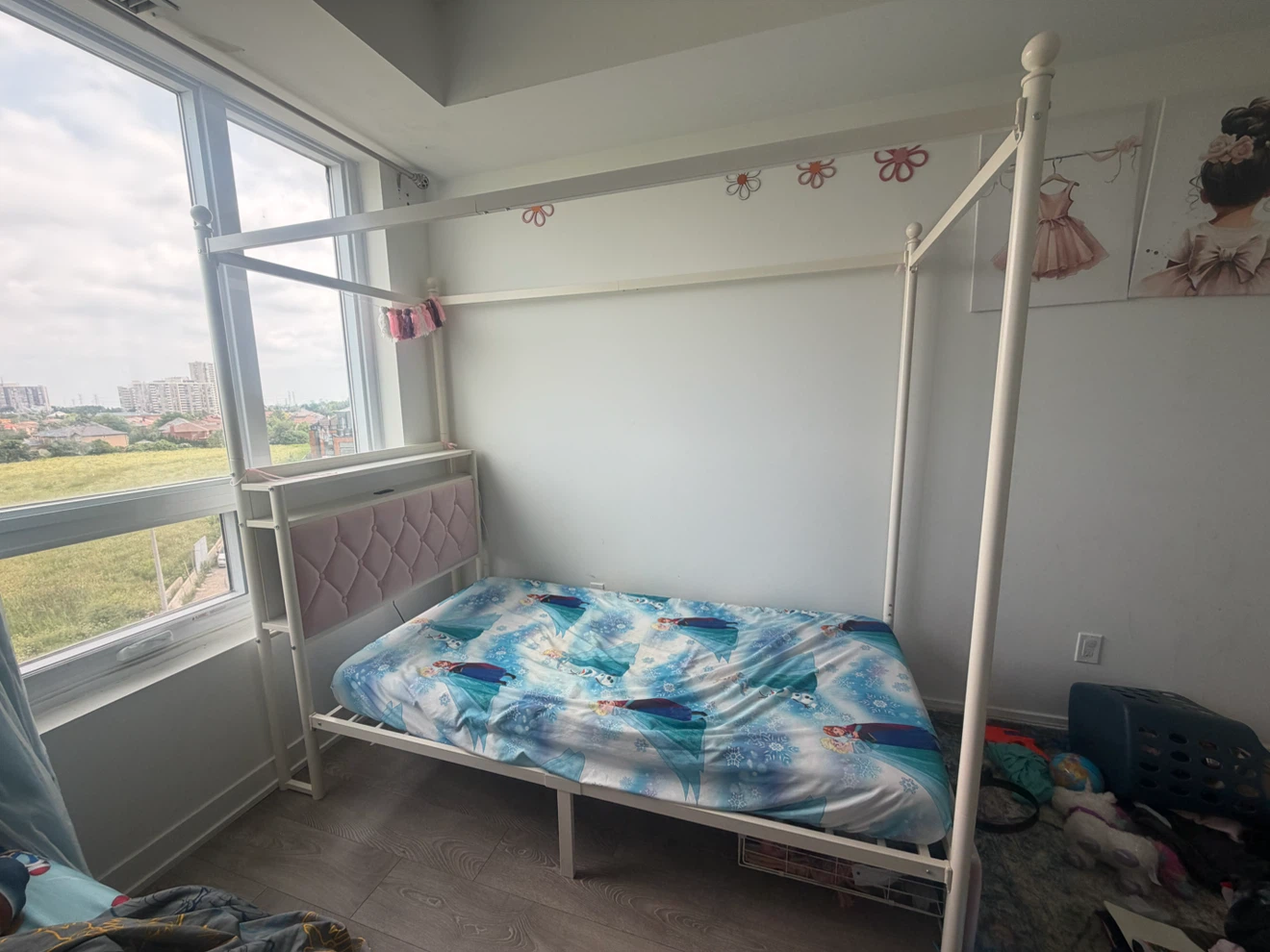 White Twin Size Canopy Bed Frame with Pink Headboard - photo 4