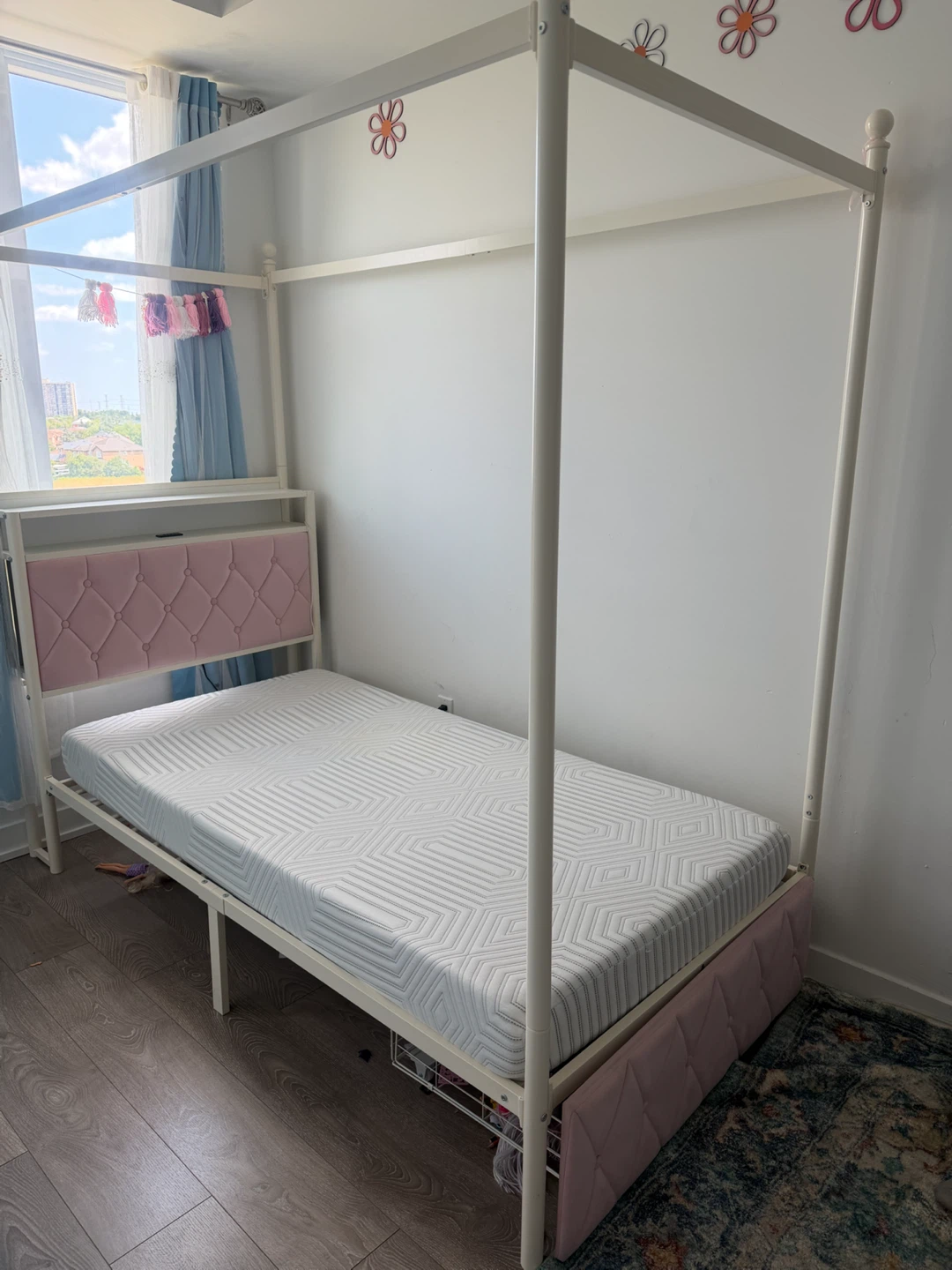 White Twin Size Canopy Bed Frame with Pink Headboard - photo 5