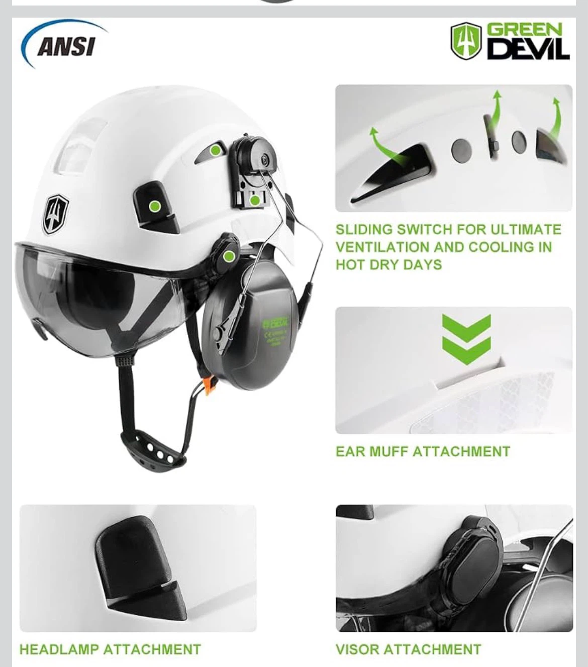 Green Devil Hard Hat with Earmuffs and Visor - photo 2