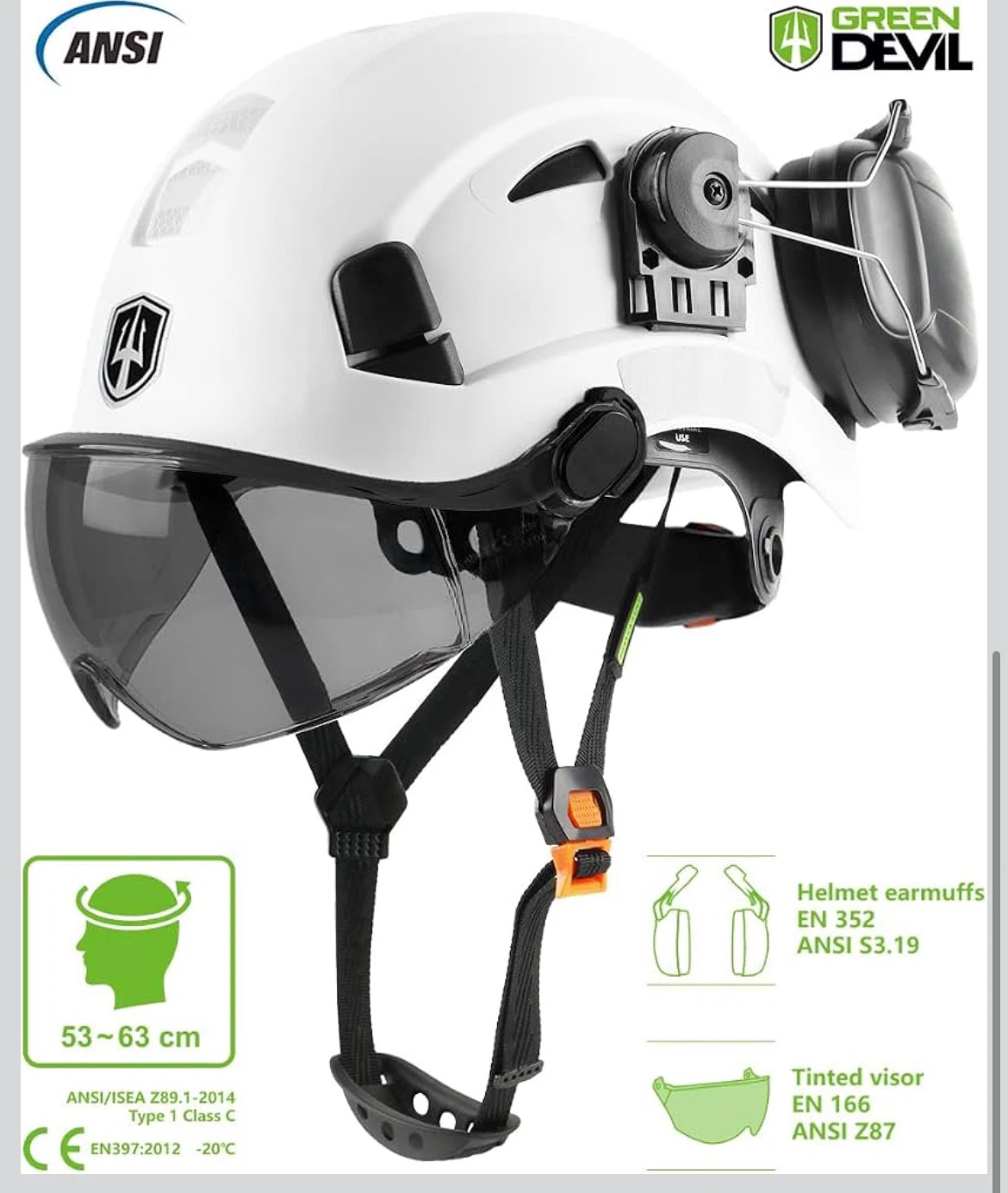Green Devil Hard Hat with Earmuffs and Visor - photo 3