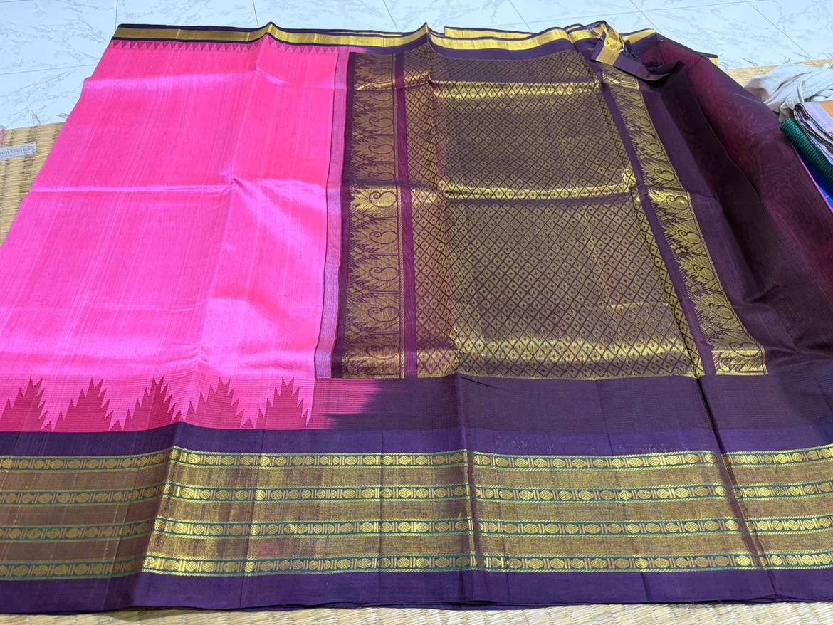 Pink and Purple Silk Saree with Gold Border