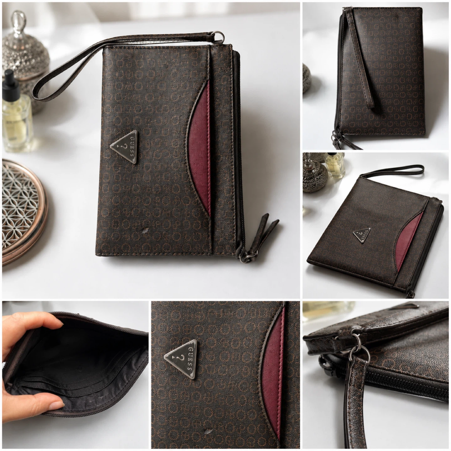 Guess Brown Signature Pattern Wristlet Clutch
