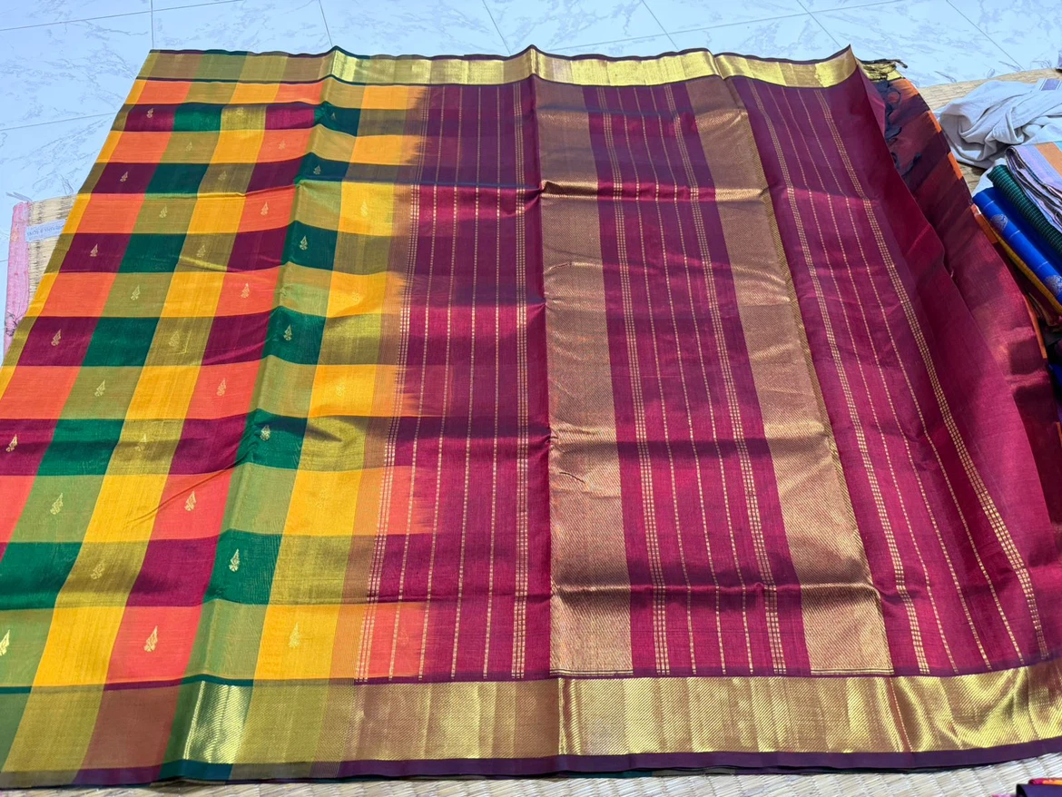 Woven Checked & Striped Silk Sari