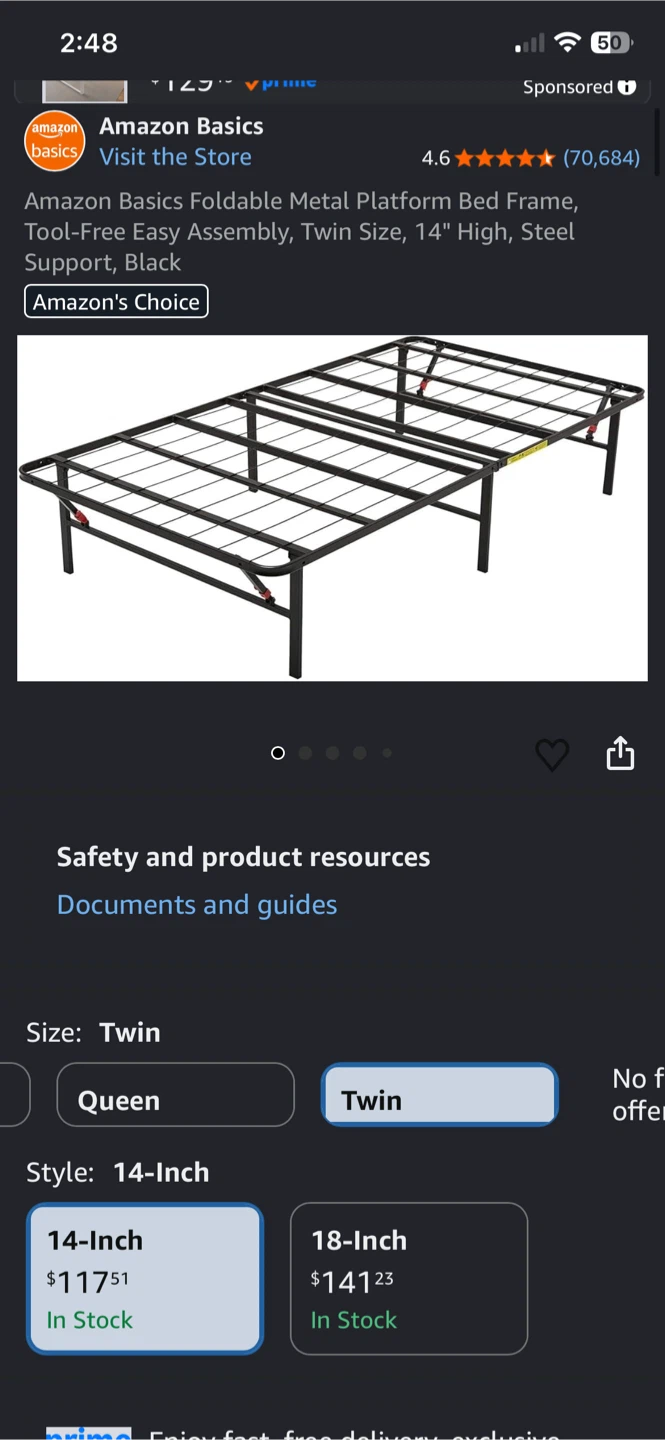Amazon Basics Foldable Metal Platform Bed Frame - Twin