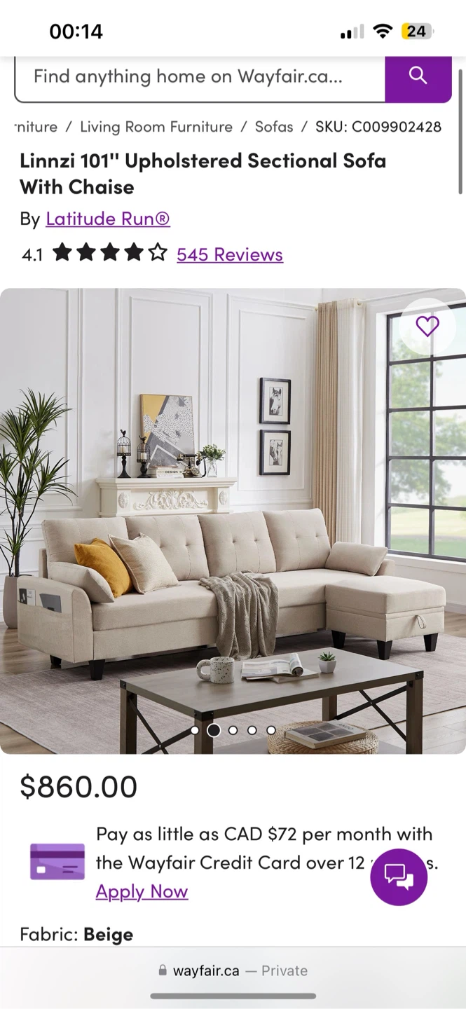 Wayfair Sectional sofa w/ ottoman storage