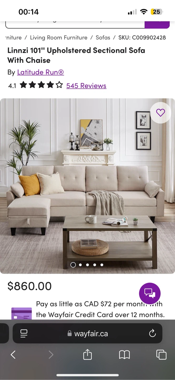 Wayfair Sectional sofa w/ ottoman storage - photo 2