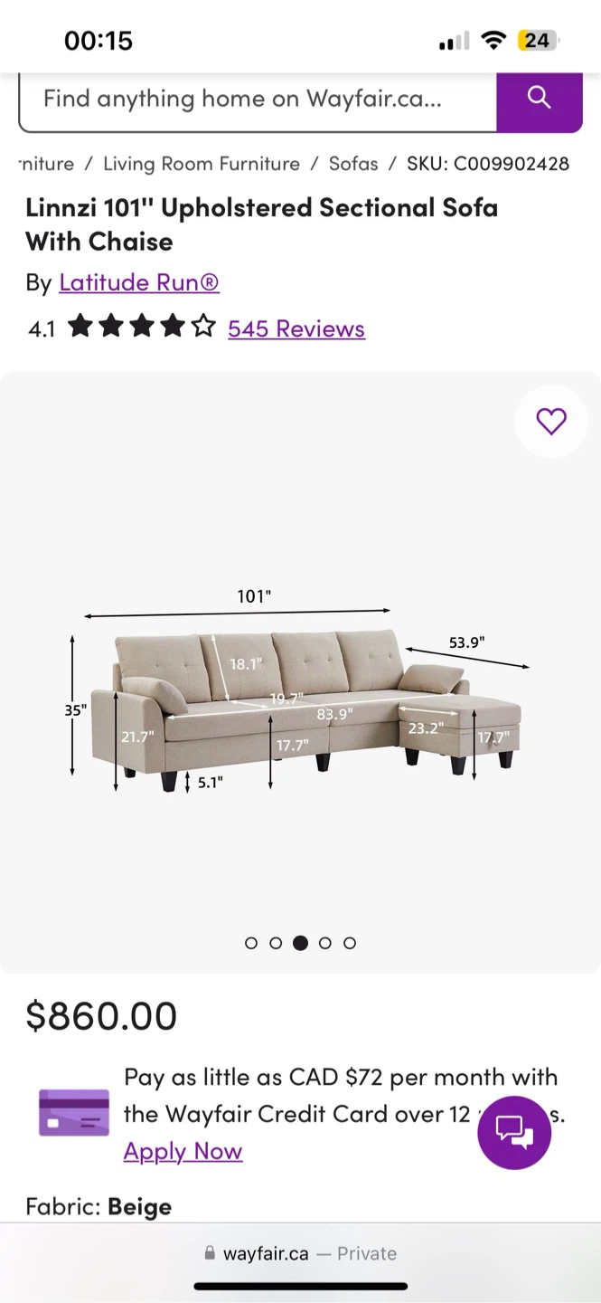 Wayfair Sectional sofa w/ ottoman storage - photo 3
