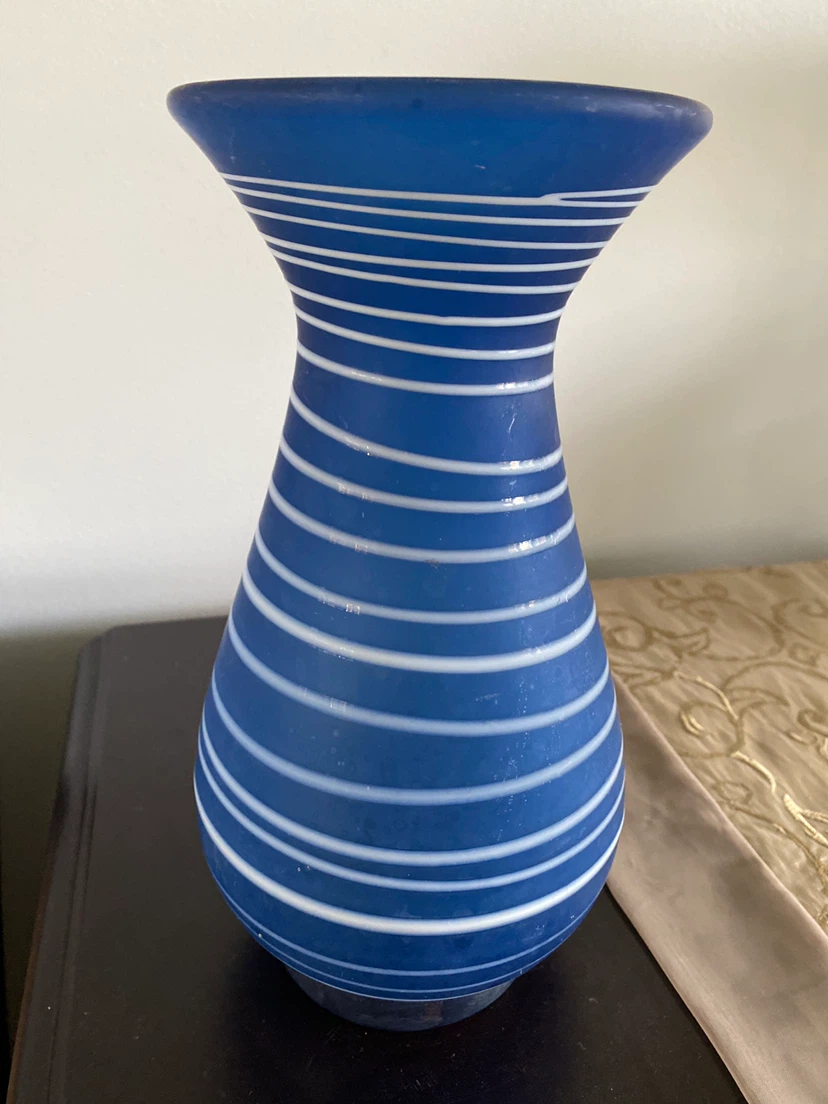 Blue and White Striped Glass Vase