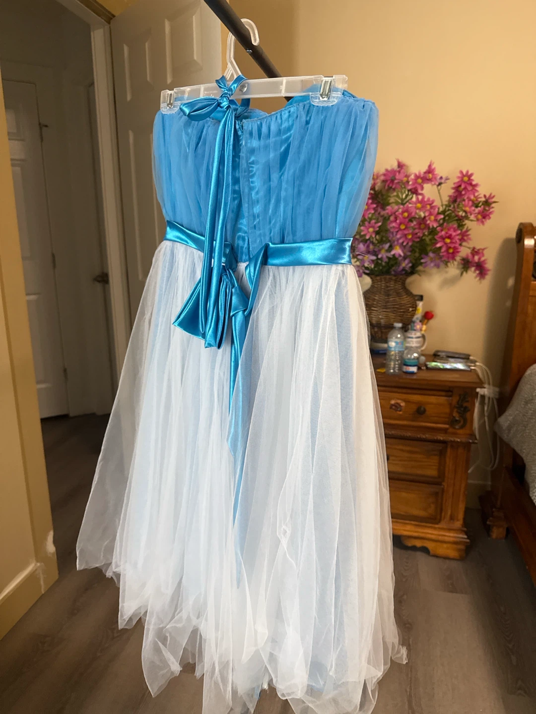Blue Strapless Tulle Dress with Bow Detail