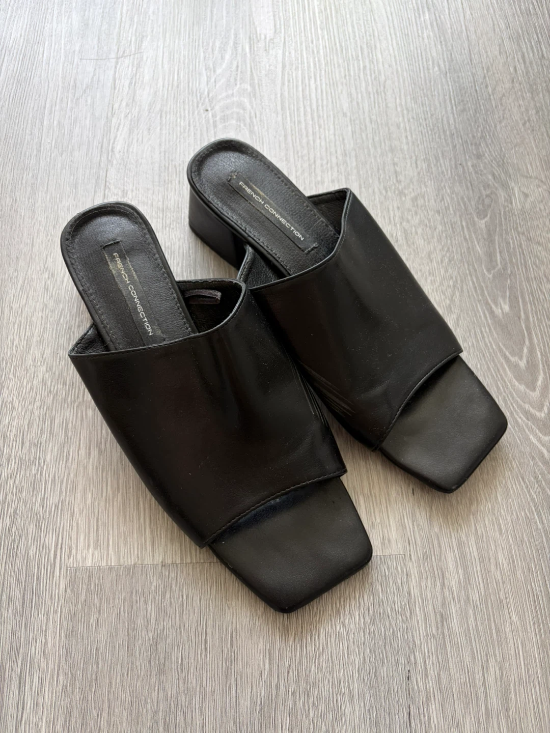 Black Leather Block Heel Mules