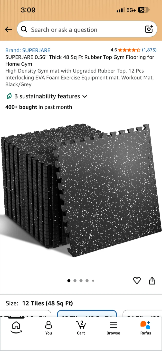 SUPERJARE 0.56" Thick 48 Sq Ft Rubber Top Gym Flooring Tiles