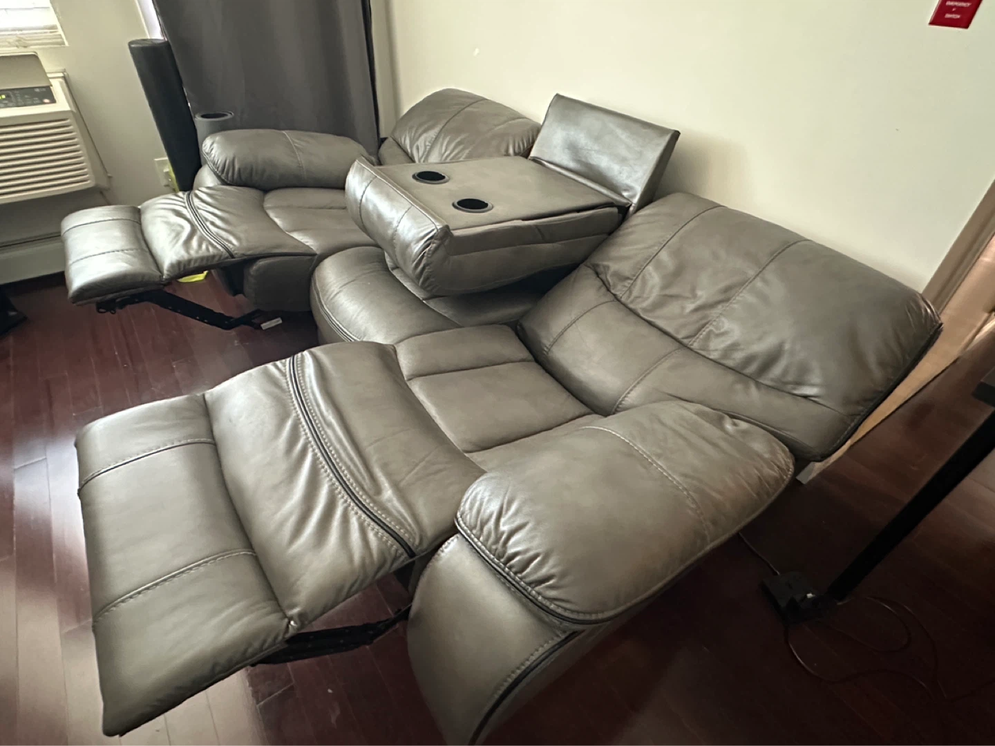 Gray leather Power Reclining Sofa with USB Ports