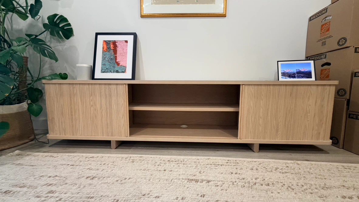 Oak Media Console with Sliding Doors