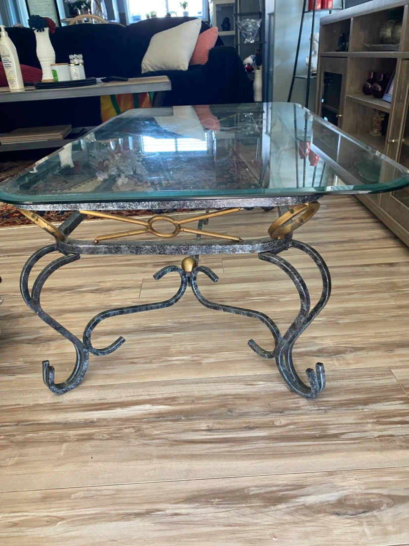 Glass Top Coffee Table with Ornate Metal Base