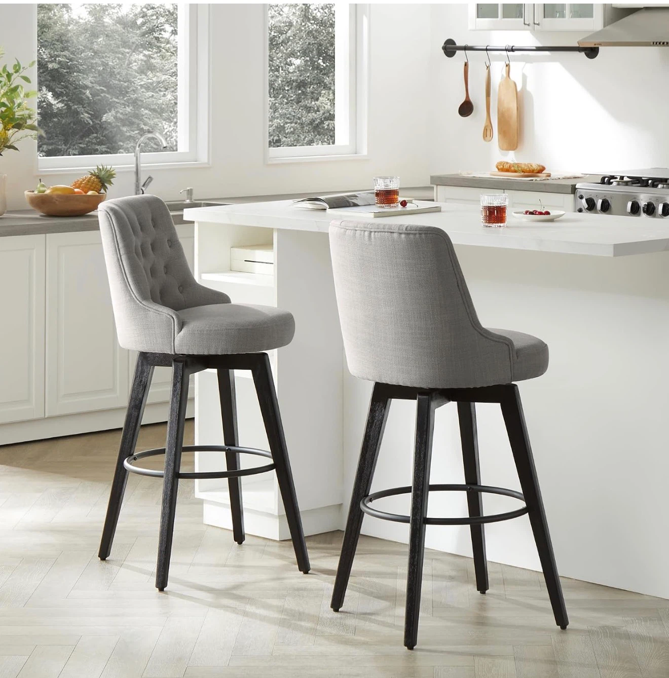 Watson & Whitely Swivel Bar Stools - Fabric Flint Grey Set of 2
