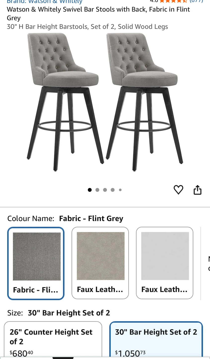 Watson & Whitely Swivel Bar Stools - Fabric Flint Grey Set of 2 - photo 3