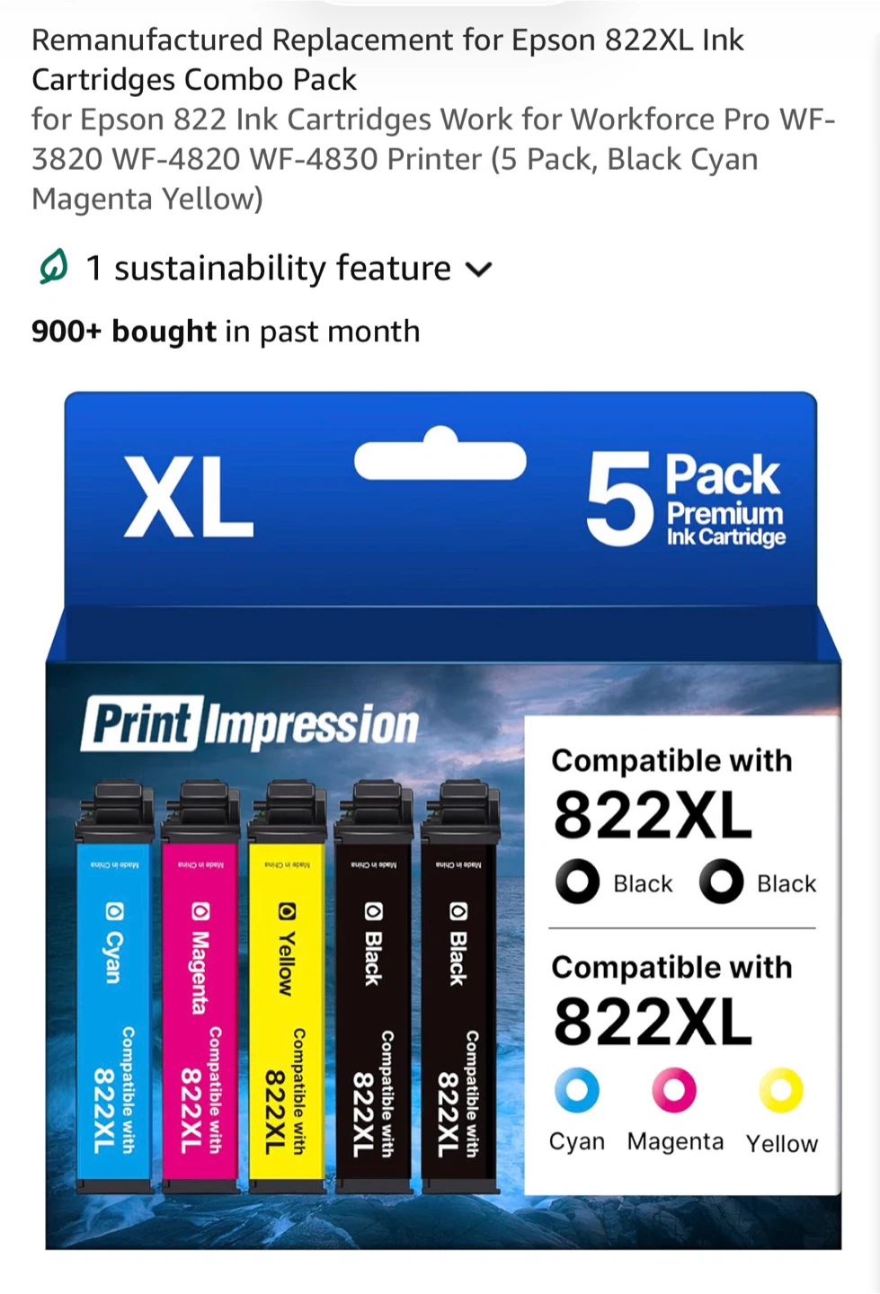 Remanufactured Epson 822XL Ink Cartridges Combo Pack (5 Pack)