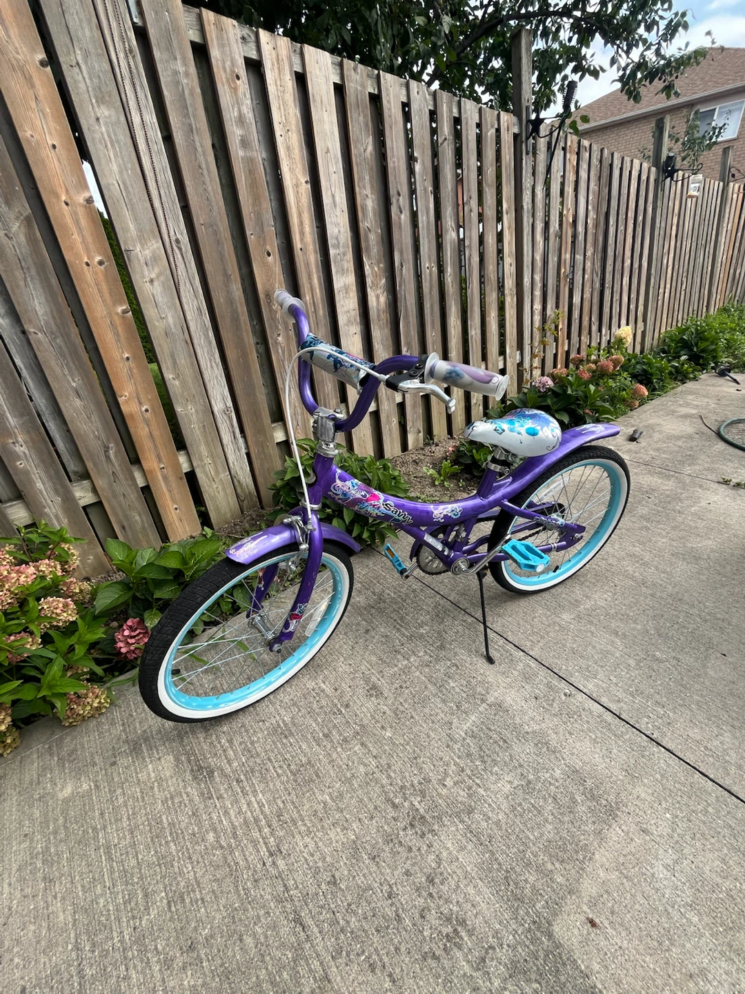 Girls purple bike with stand and brake 20”