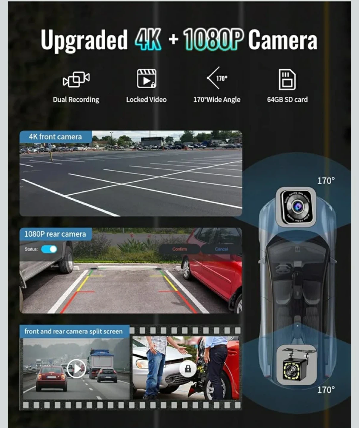 Upgraded 4K + 1080P Dual Recording Car Camera with 64GB SD Card - photo 4