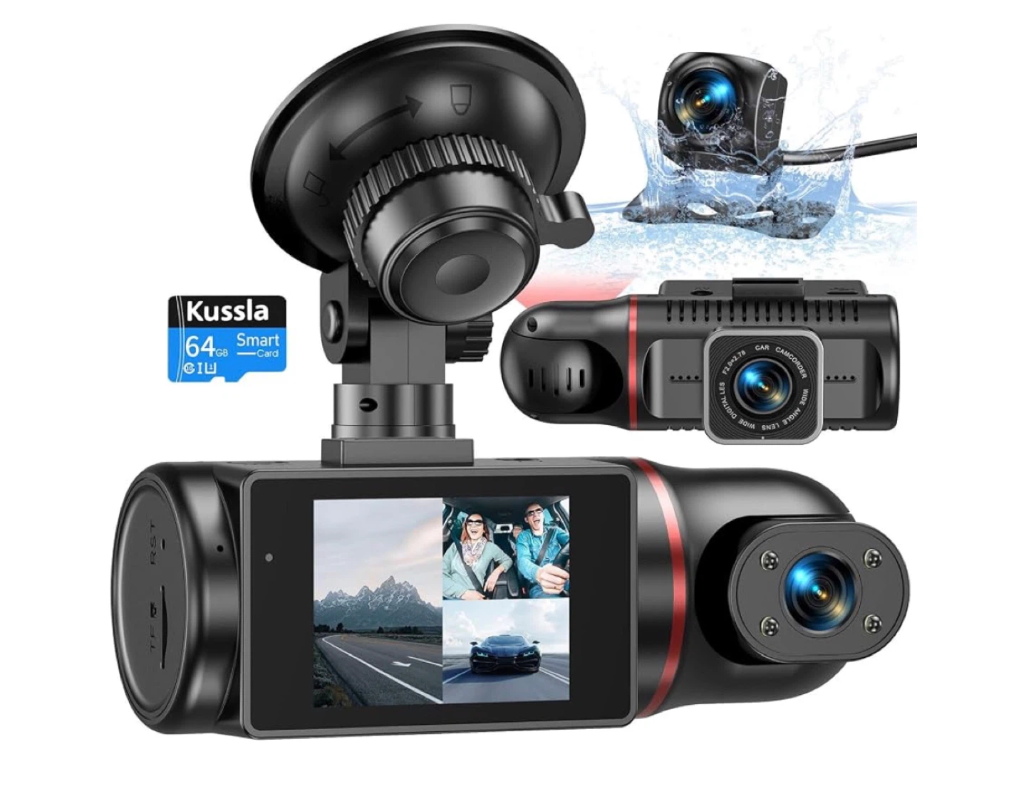 Kussla 3 Channel Dash Cam with 64GB Card