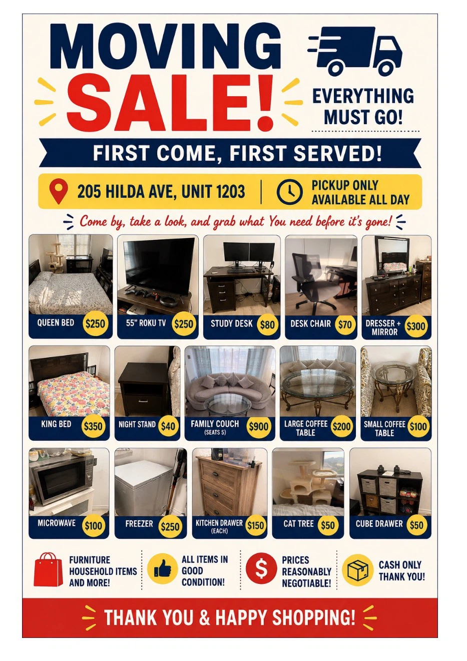 Moving out sale furniture