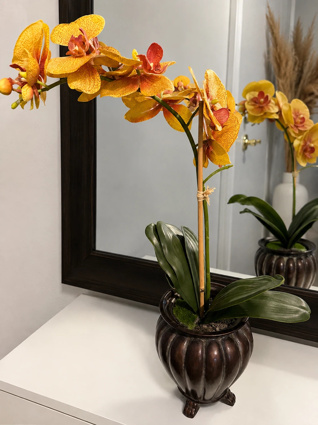 Artificial Orange Orchid Plant in Decorative Pot