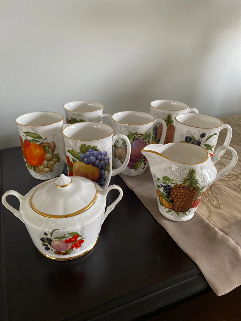 Fine Bone China Tea Set with Sugar Bowl, Creamer, and Mugs