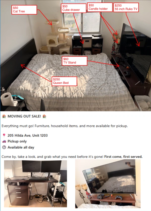 Moving out sale furniture