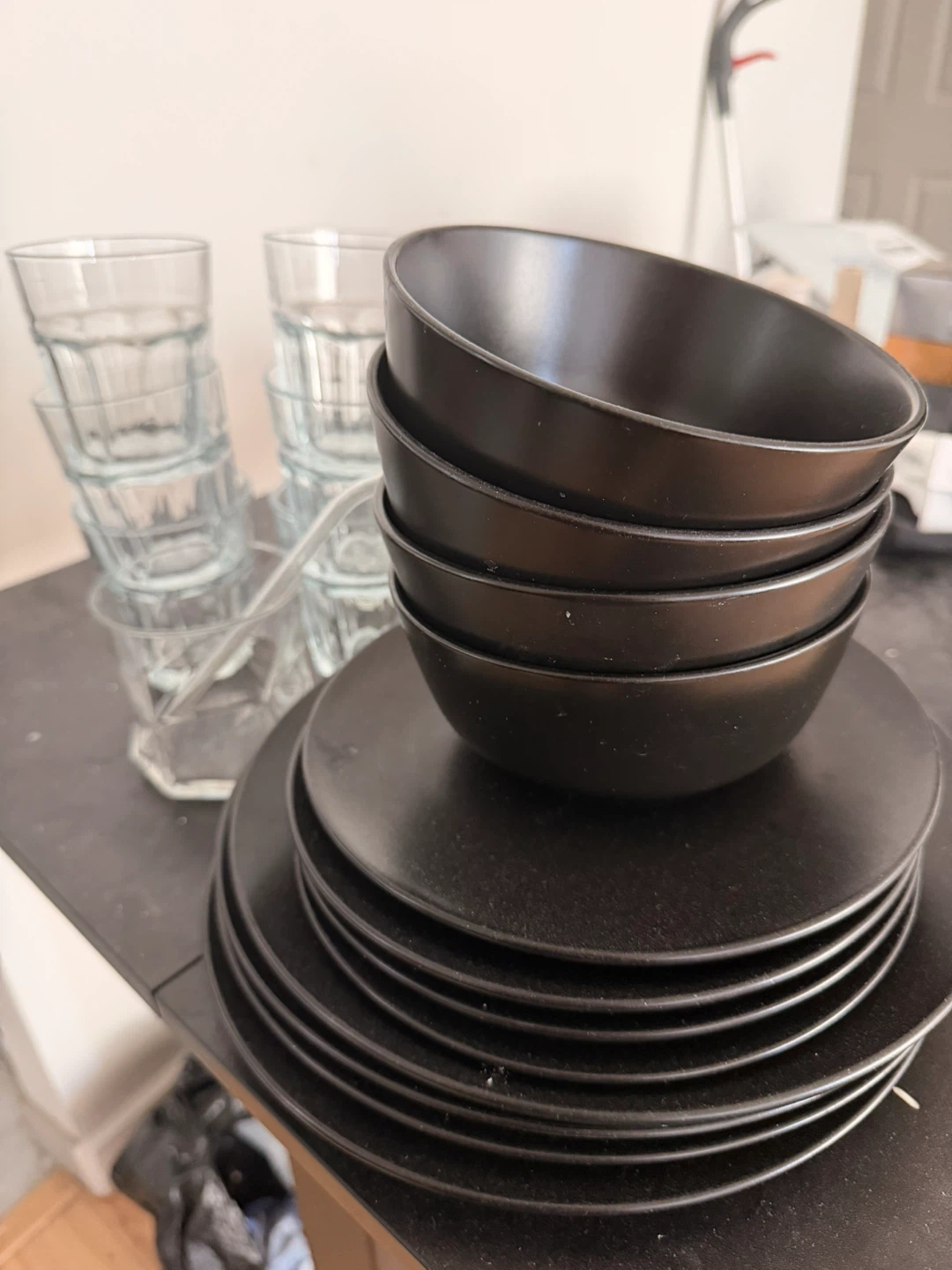 Black Dinnerware Set with Glasses