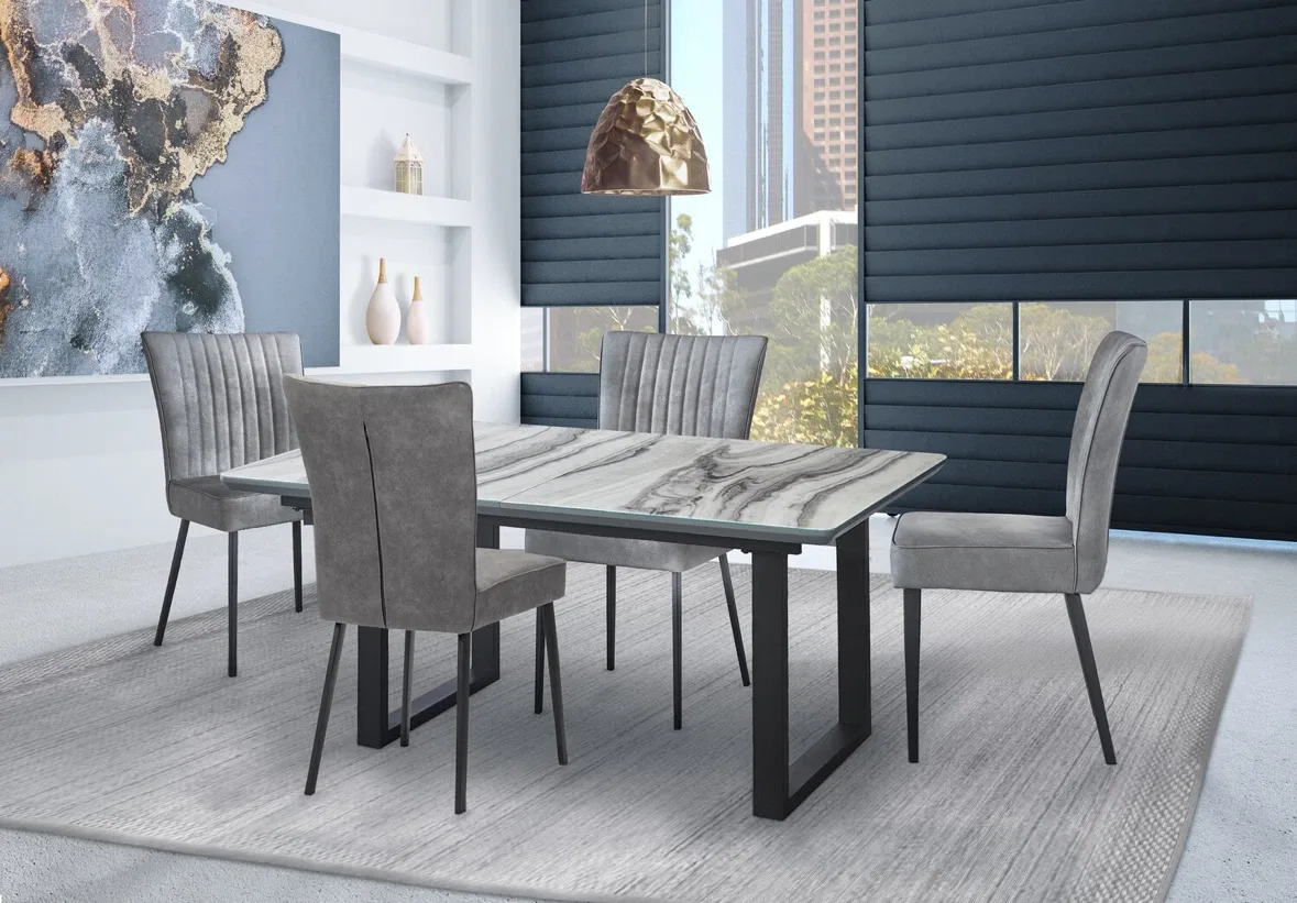 Dining Set with 6 Grey Chairs and Marble-Look Table
