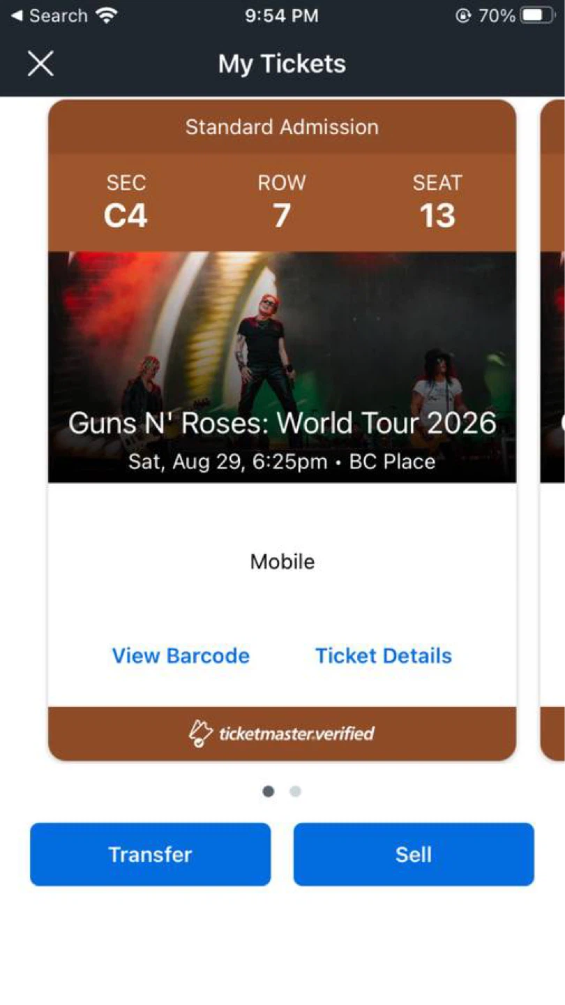 Guns N’ Roses World Tour FLOOR SEATS Concert BC Place