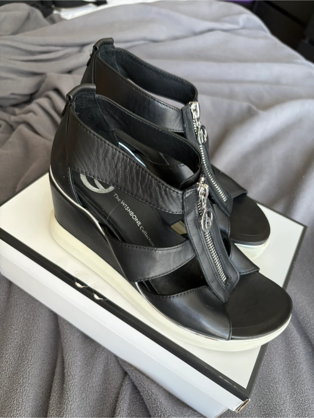 Black Wedge Sandals with Zipper Detail - photo 4