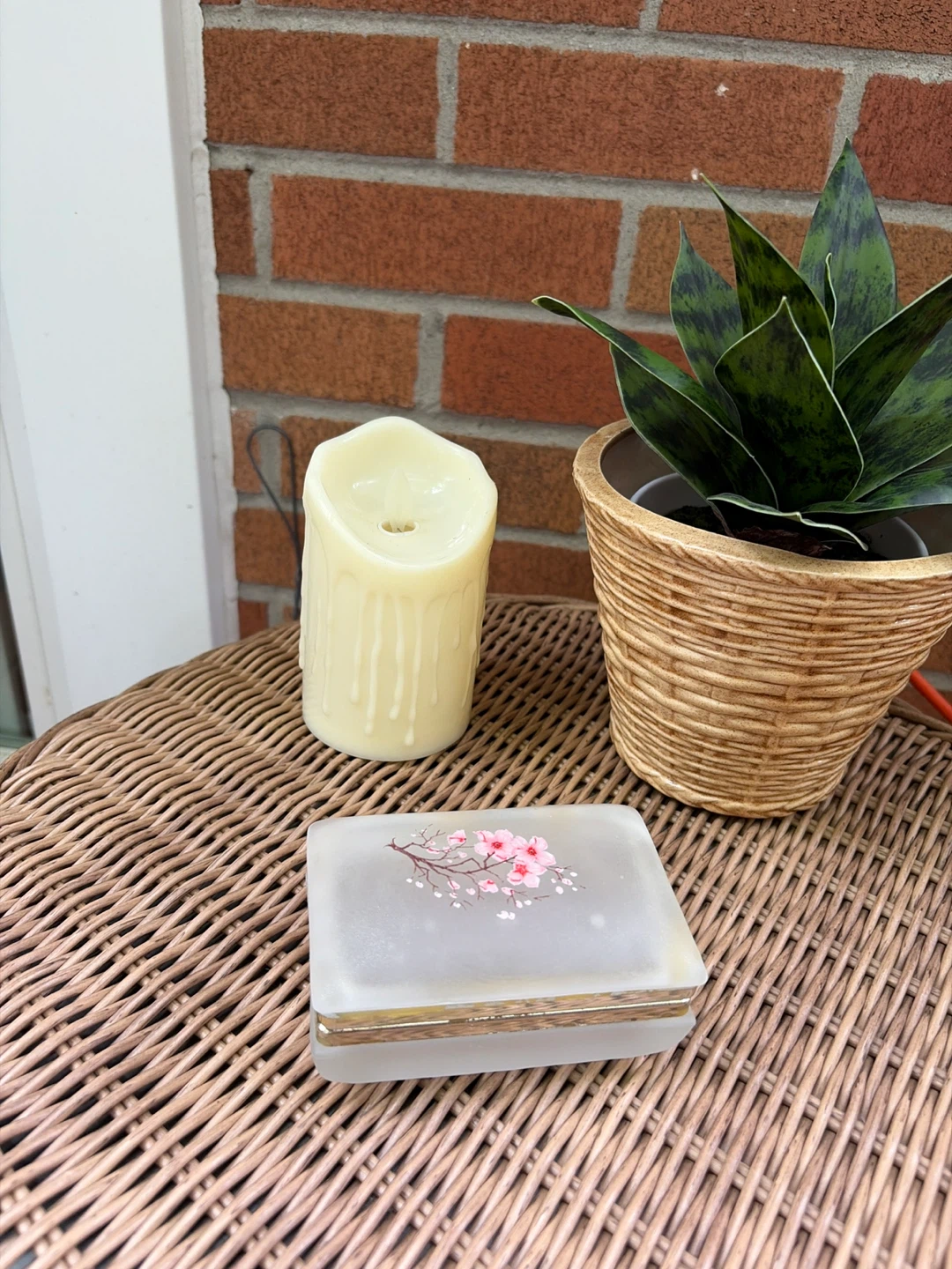 Vintage Frosted Glass Trinket Box with Cherry Blossoms