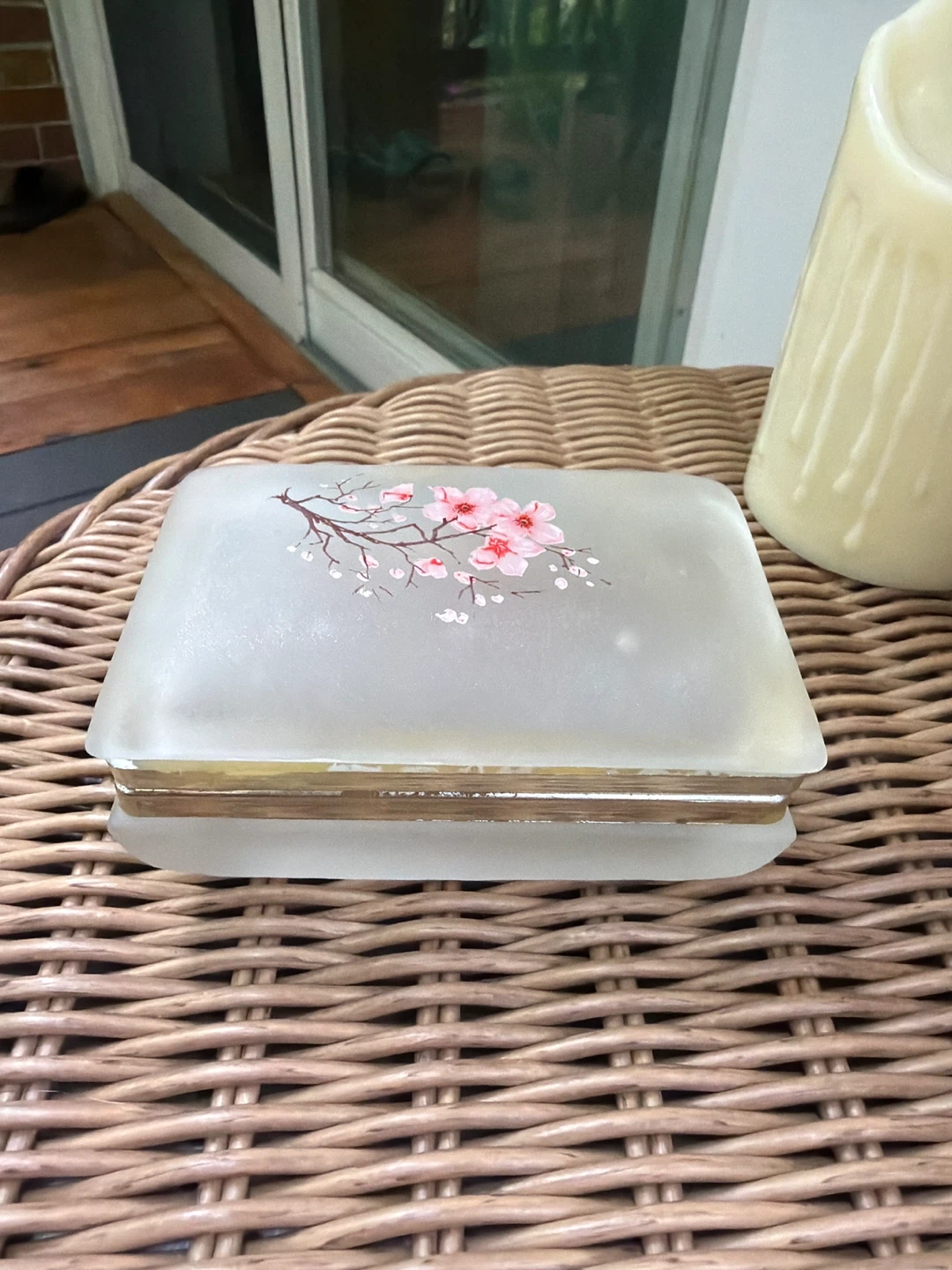 Vintage Frosted Glass Trinket Box with Cherry Blossoms - photo 3