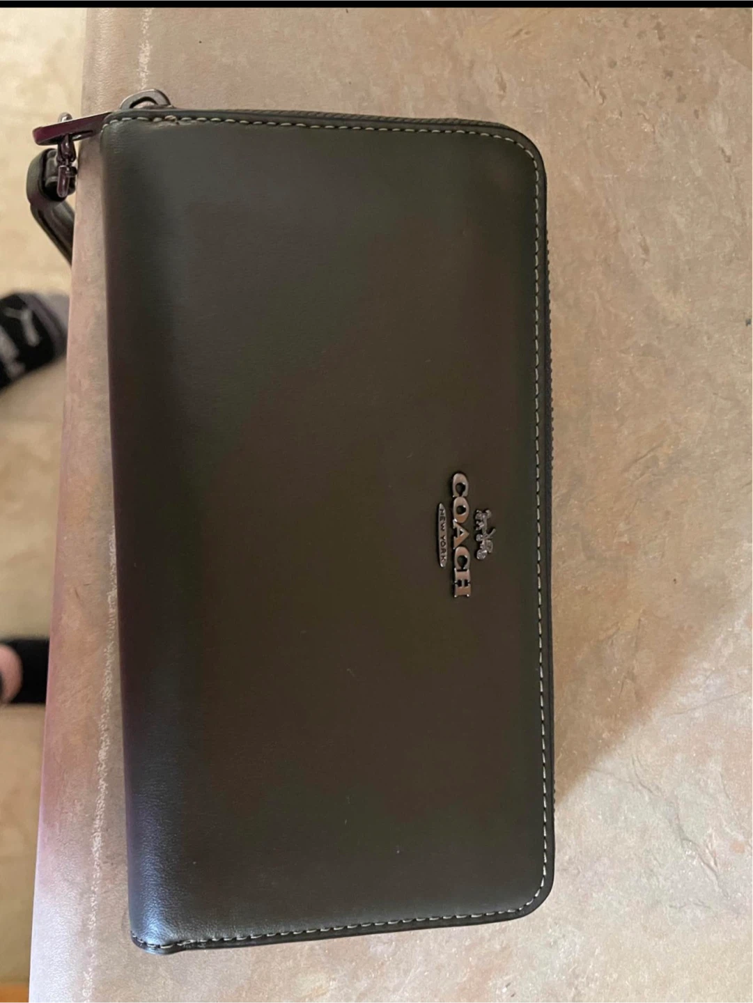 Coach Dark Green Leather Zip Wallet Wristlet with Silver Logo