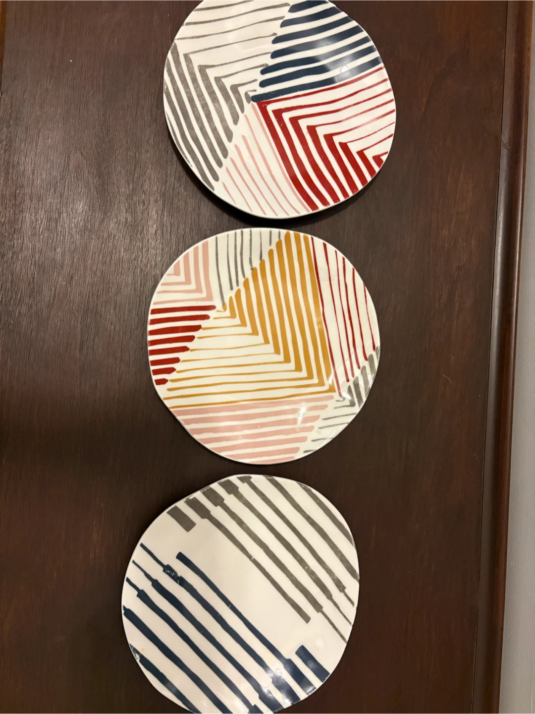Set of 3 Crate & Barrel Ceramic Side Plates - Geometric Design