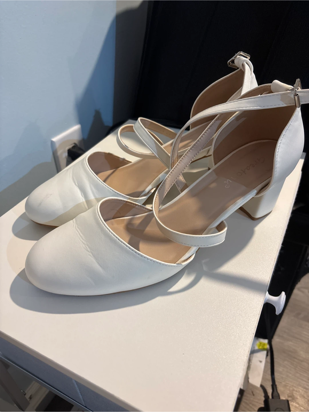 White Block Heel Ankle Strap Shoes