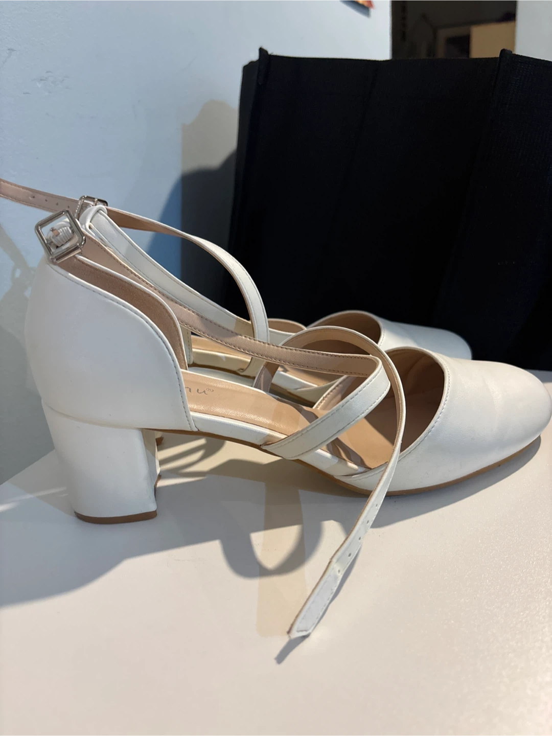 White Block Heel Ankle Strap Shoes - photo 3