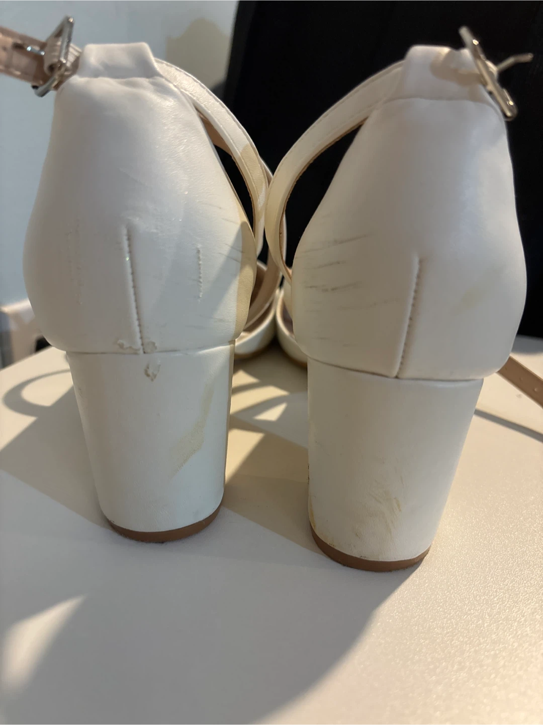 White Block Heel Ankle Strap Shoes - photo 4