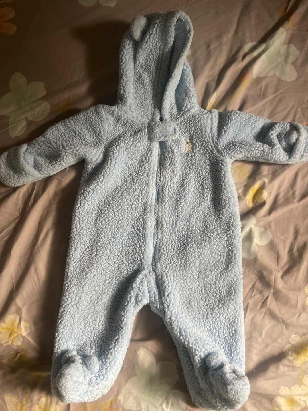 Blue Fleece Hooded Snowsuit with Bear Detail