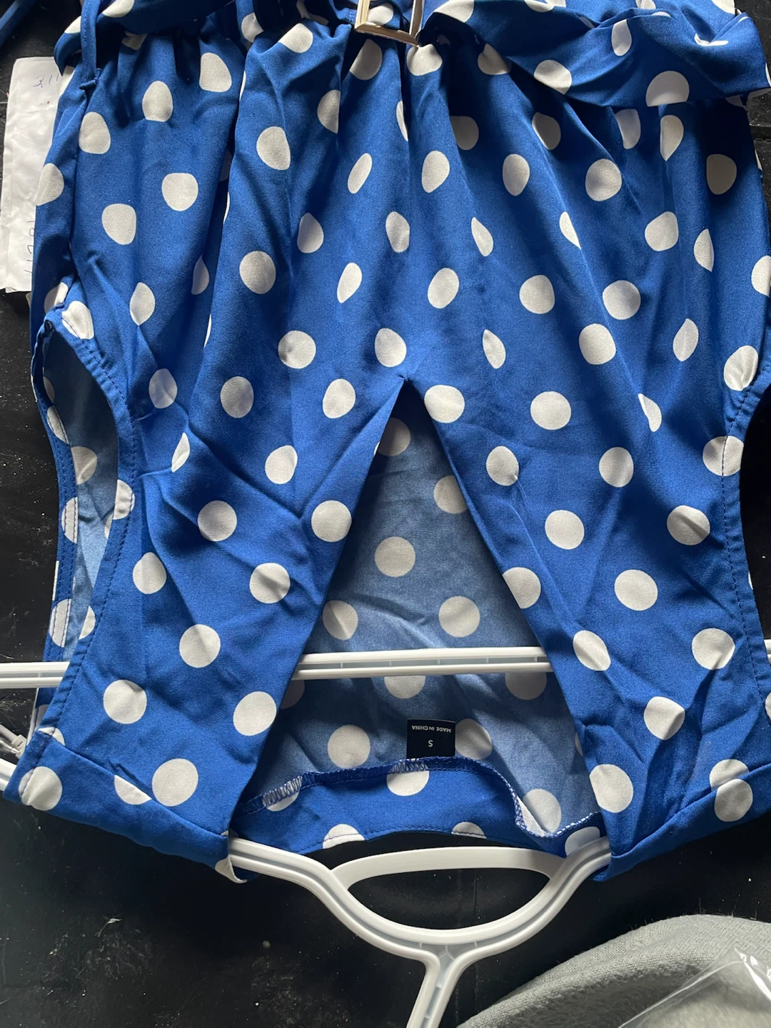 Blue v-neck dress with white polka dots. - photo 2