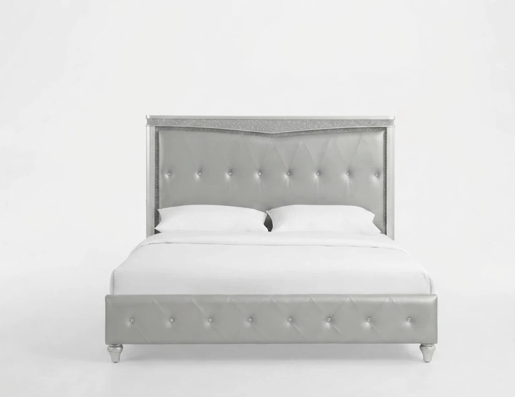 Silver Upholstered Bed Frame with LED Headboard