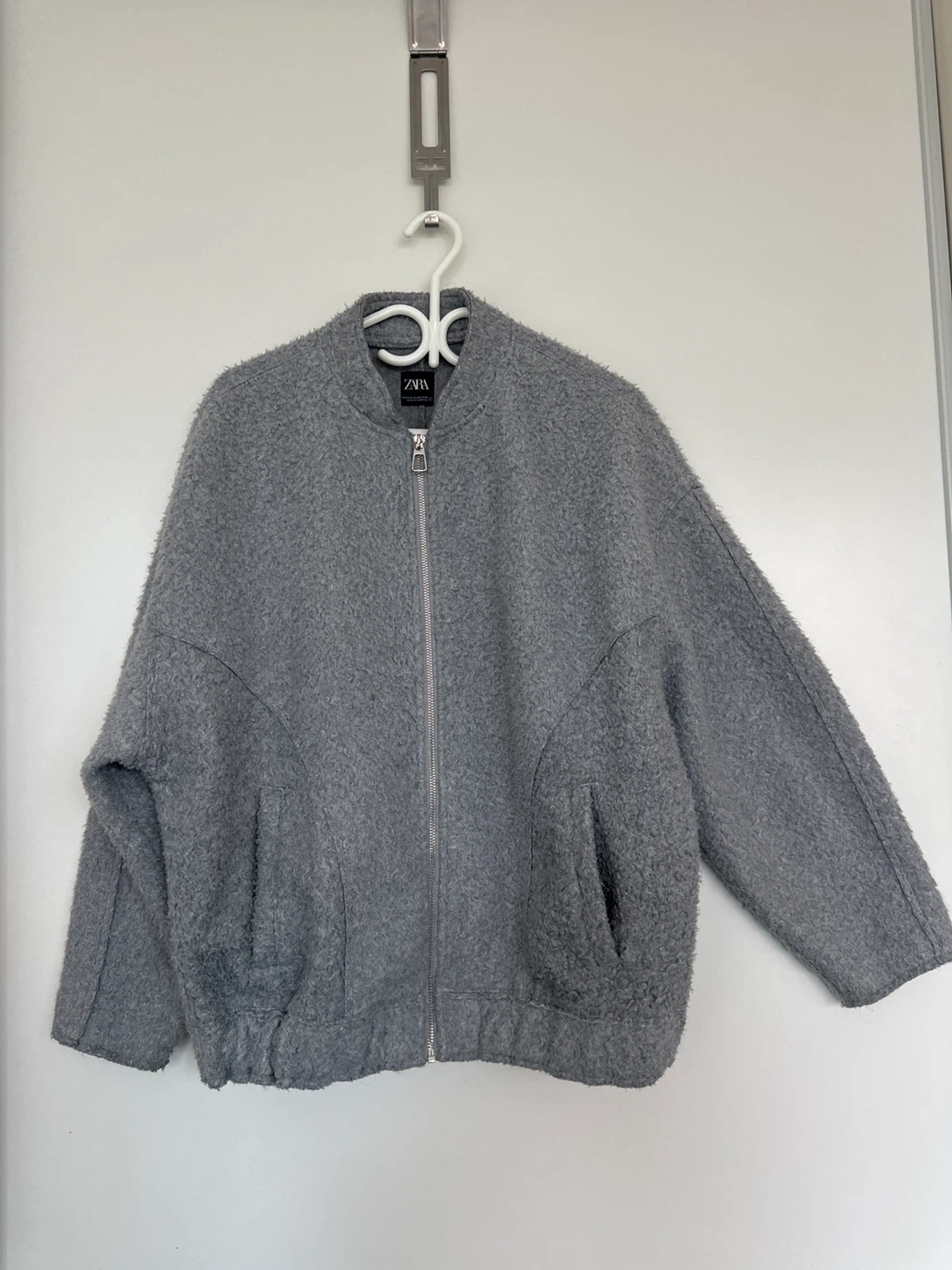 Zara Grey oversized Textured Bomber Jacket
