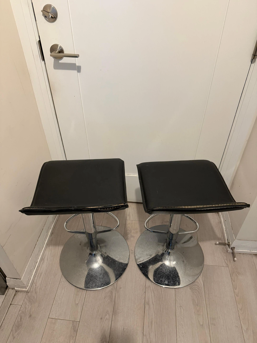 2 Black Faux Leather Bar Stools with Chrome Base