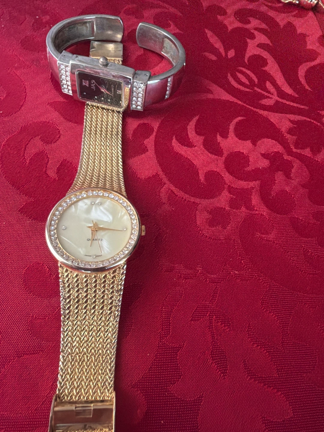 Gold Tone Mesh Band Watch with Rhinestones