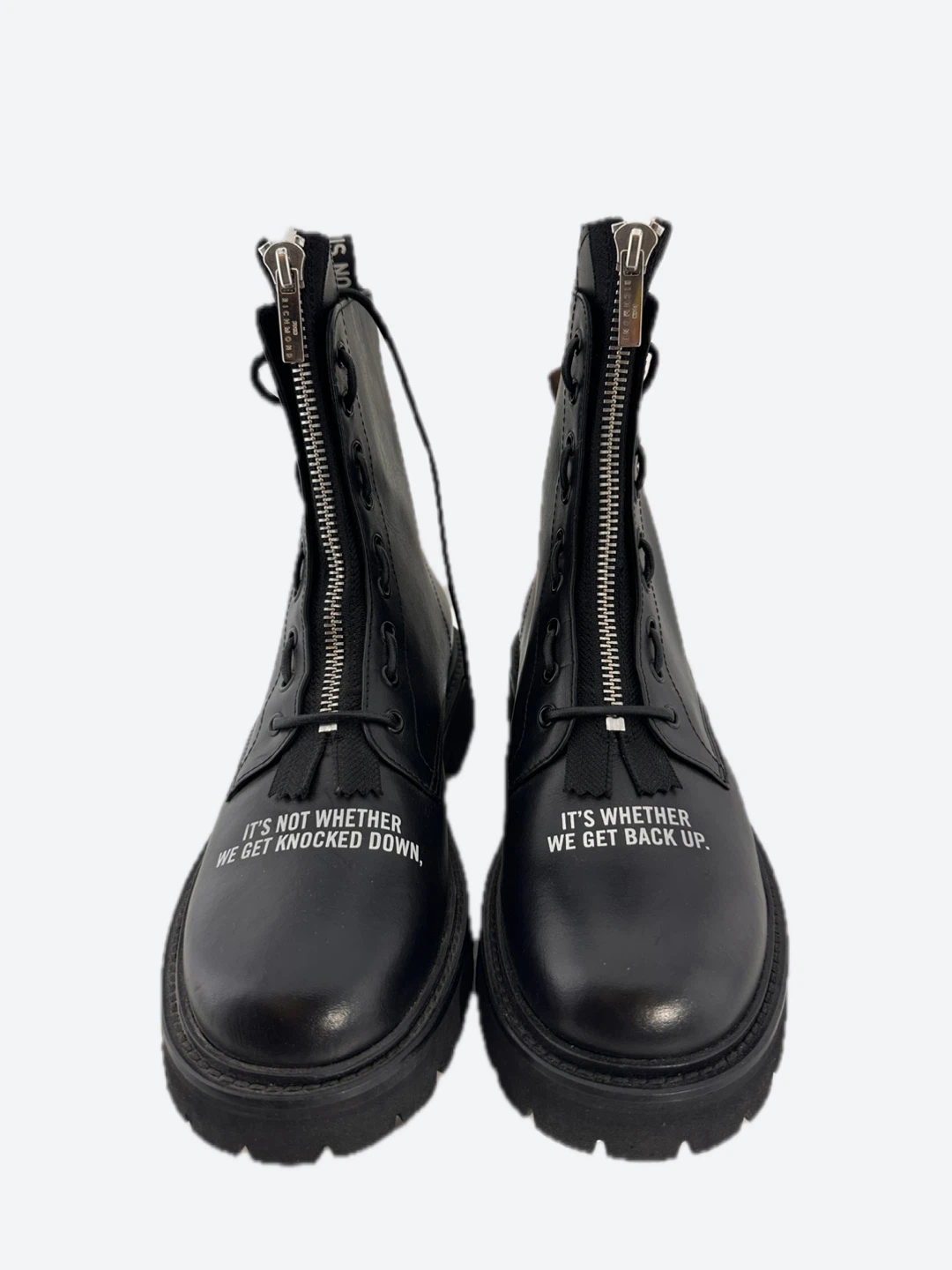 John Richmond Leather Front-Zip Combat Quote Boots Black