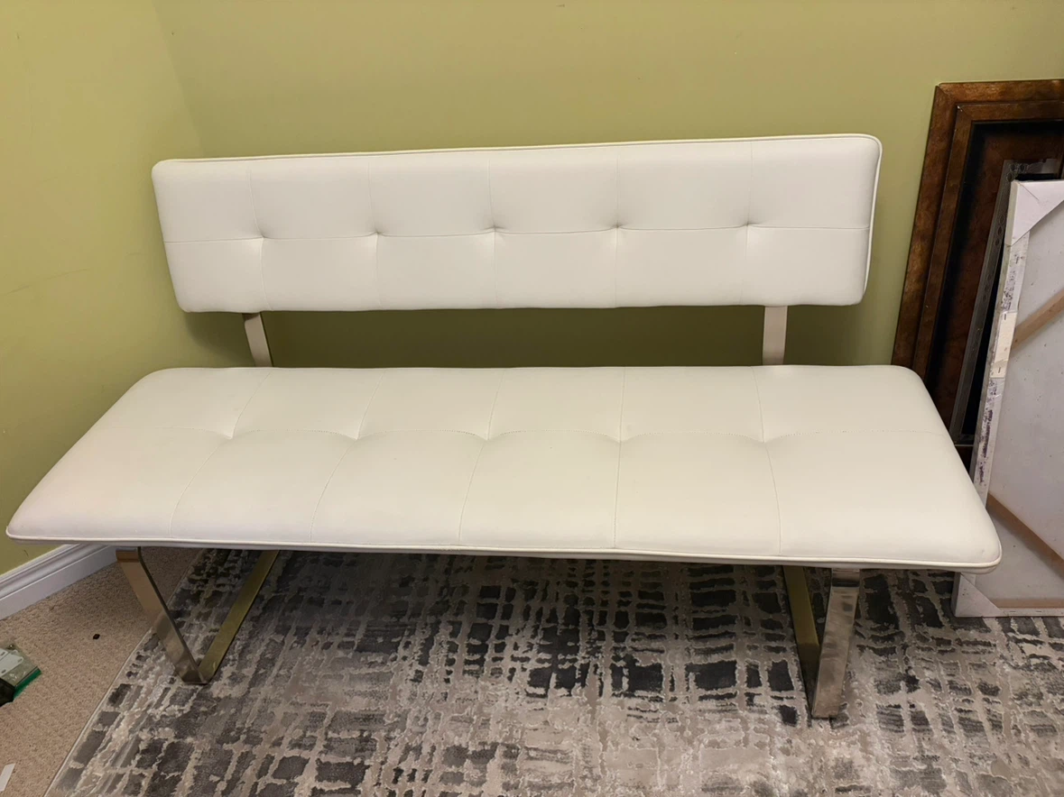White Faux Leather Tufted Bench with Back