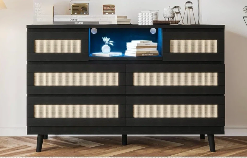 Unopened wooden rattan LED lights 6 drawer chest