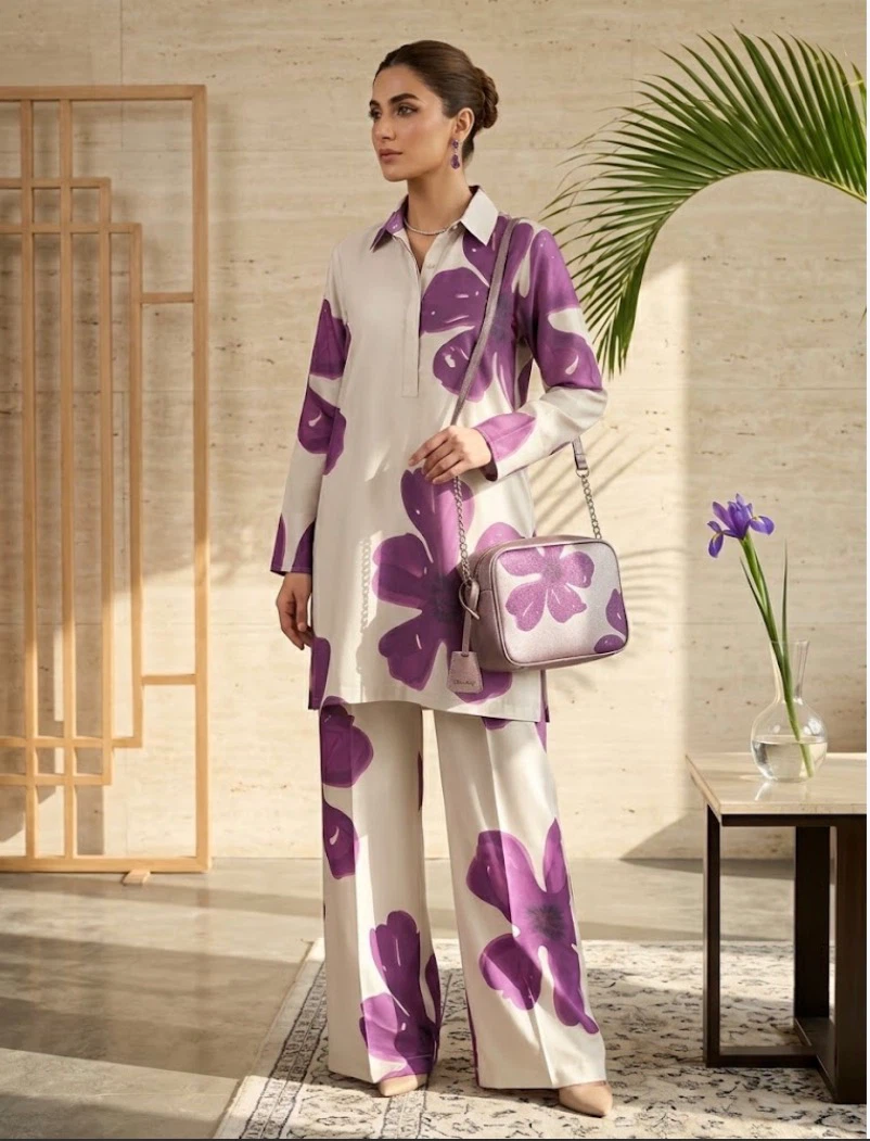 New Women's Floral Print Top and Pants Set with Bag